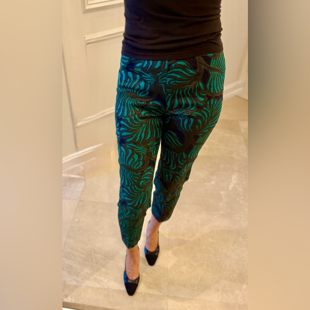 PIAZZA SEMPIONE  Teal , navy and dark brown Patterned Cropped Pants, Size 40 (S) - Picture 5 of 15